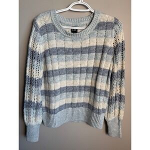 GAP Mixed Pointelle Striped Knit Crewneck Sweater L Blue White Coastal Preppy